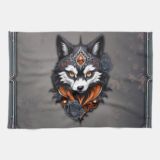 狼威厳のあるの頭は深いで仕上げた キッチンタオル (横)