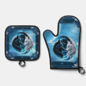 狼威厳のある頭2頭 鍋つかみ&鍋敷きセット (正面)