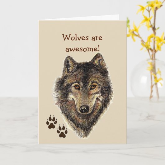 狼素晴らし野生動物動物誕生日 カード (黄色い花)