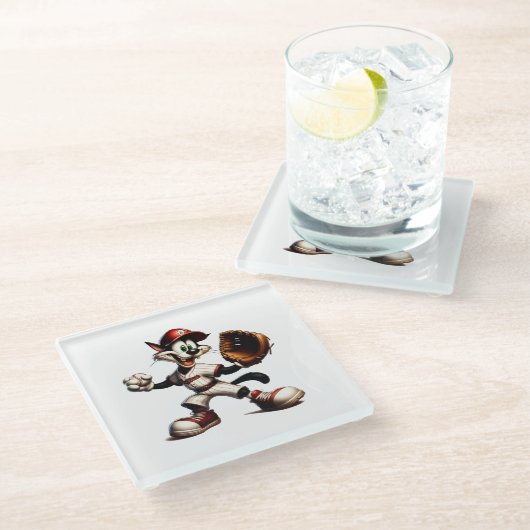 猫おっちょこちょいの野球の投手 ガラスコースター (アングル)