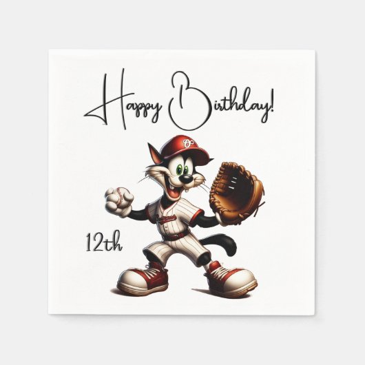 猫おっちょこちょいの野球の投手 スタンダードカクテルナプキン (正面)