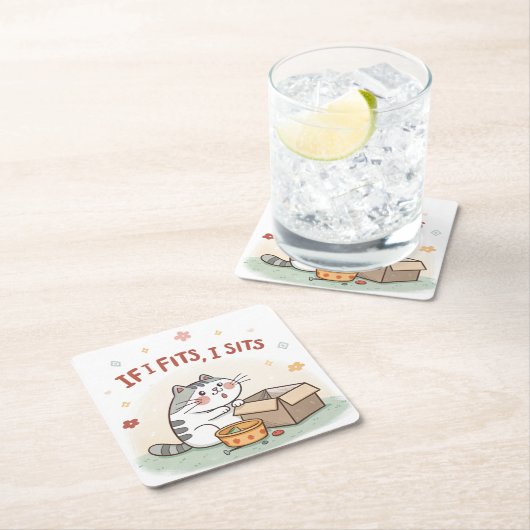 猫おもしろいがもし好きでコースターを座る スクエアペーパーコースター (インサイチュ)