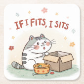 猫おもしろいがもし好きでコースターを座る スクエアペーパーコースター (正面)
