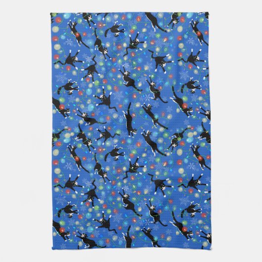 猫おもしろいとクリスマスの灯り キッチンタオル (縦)