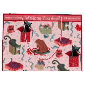 猫おもしろいとクリスマスの箱の大カスタムきい ラージペーパーバッグ (裏面)