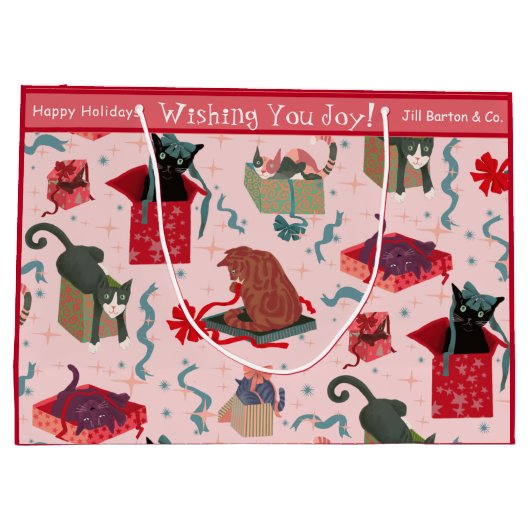 猫おもしろいとクリスマスの箱の大カスタムきい ラージペーパーバッグ (裏面)