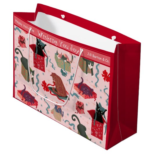 猫おもしろいとクリスマスの箱の大カスタムきい ラージペーパーバッグ (正面アングル)