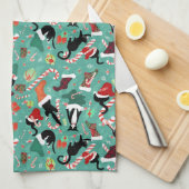 猫おもしろいとクリスマスストッキング キッチンタオル (四つ折り)