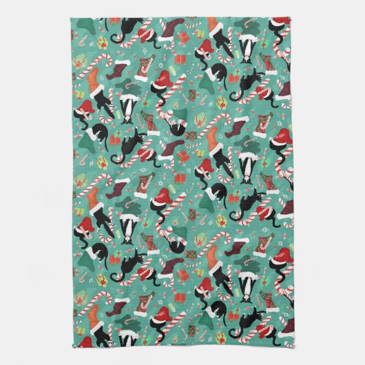 猫おもしろいとクリスマスストッキング キッチンタオル (縦)