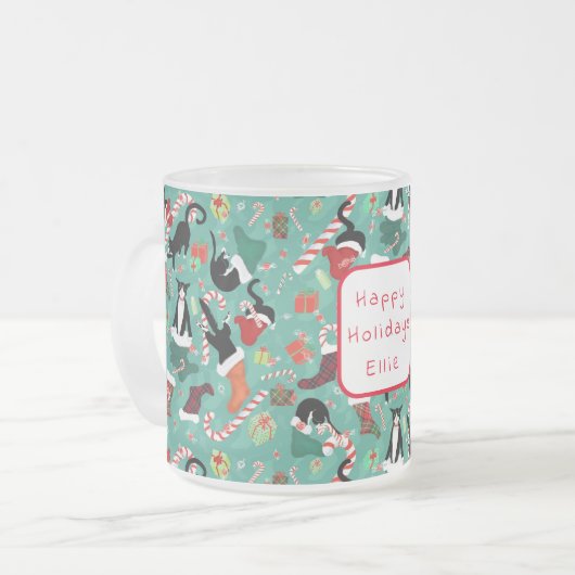 猫おもしろいとクリスマスストッキング フロストグラスマグカップ (正面左)