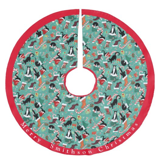 猫おもしろいとクリスマスストッキング ブラッシュドポリエステルツリースカート (正面)