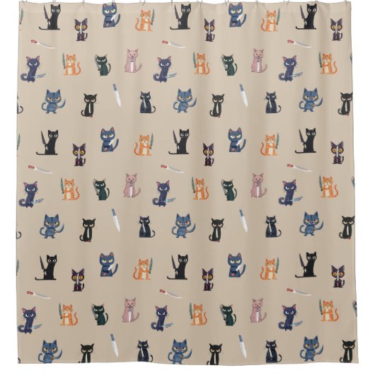 猫おもしろいとナイフのシャワーカーテン シャワーカーテン (正面)