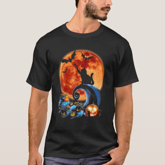 猫おもしろいとムーンハロウィンの衣装シルエット Tシャツ (正面)
