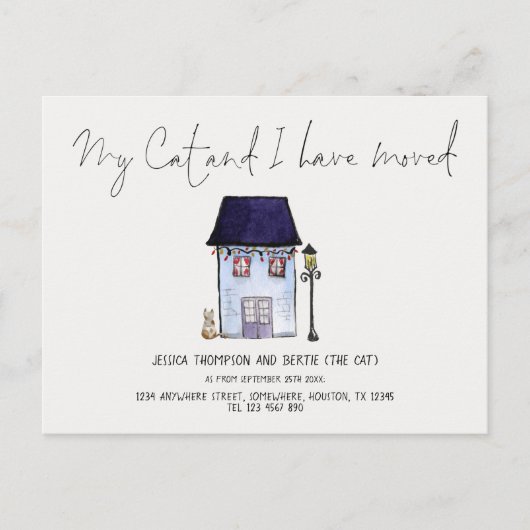 猫おもしろいと一緒に台本の新しい住所を移した 案内ポストカード (正面)