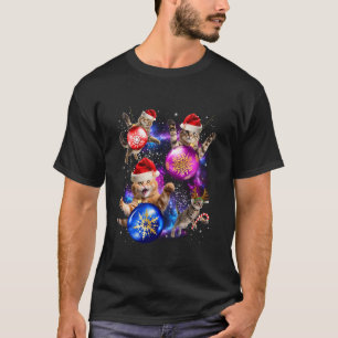 猫おもしろいと宇宙オーナメントサンタハットメリー Tシャツ