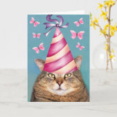 猫おもしろいと蝶の誕生日カード カード (黄色い花)