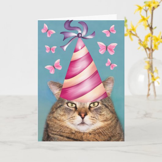 猫おもしろいと蝶の誕生日カード カード (黄色い花)