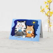 猫おもしろいのカップケーキ食べ物付き誕生日 カード (黄色い花)