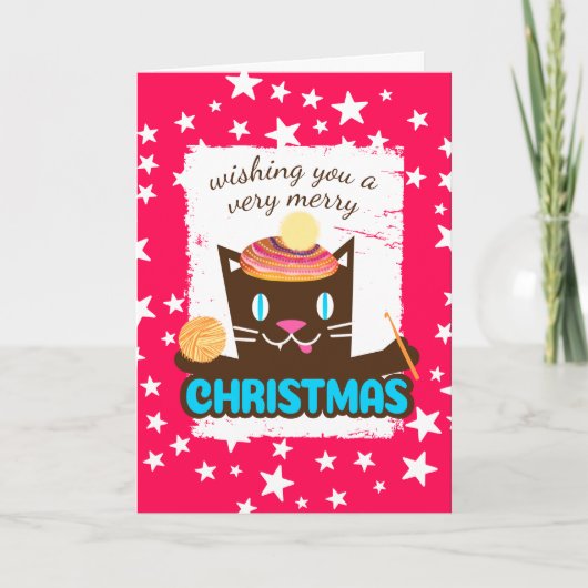 猫おもしろいのクリスマスハットの針編み針糸 シーズンカード (正面)
