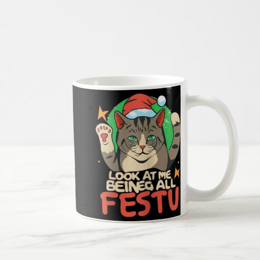 猫おもしろいのクリスマス見て私は全フェスティバルA コーヒーマグカップ (右)