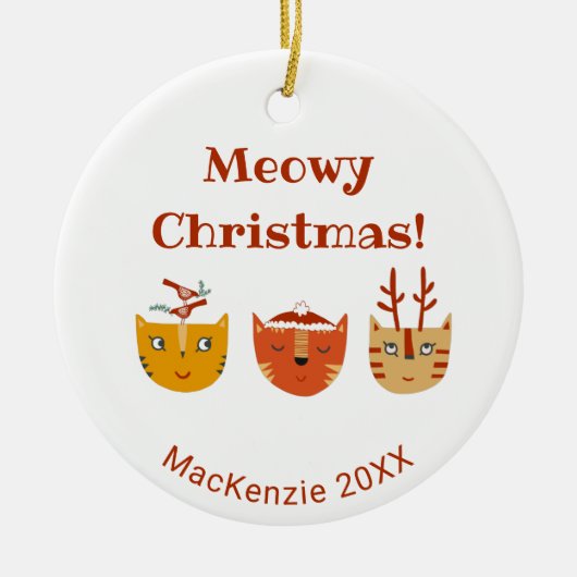 猫おもしろいのクリパーソナライズされたスマス セラミックオーナメント (正面)