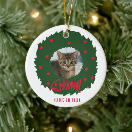 猫おもしろいの写真が収められたクリスマスリース セラミックオーナメント