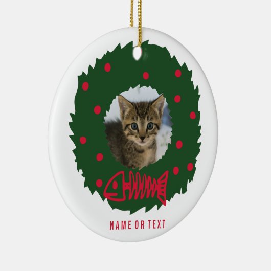 猫おもしろいの写真が収められたクリスマスリース セラミックオーナメント (右)