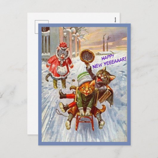 猫おもしろいの新年はがきヴィンテージ猫を吊る シーズンポストカード (正面/裏面)