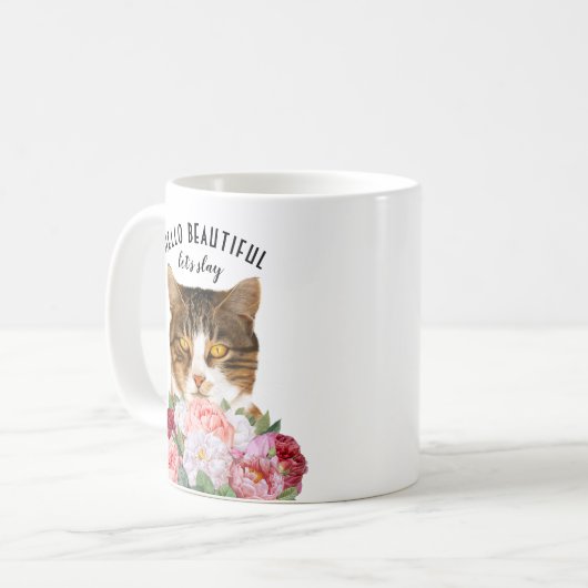 猫おもしろいの花こんにちは美しい コーヒーマグカップ (正面左)