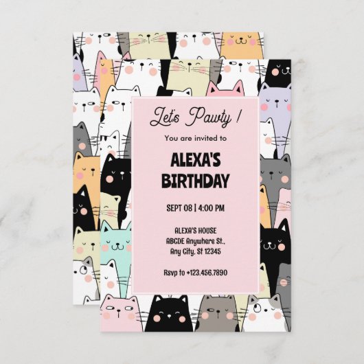 猫おもしろいの誕生日 招待状 (正面/裏面)