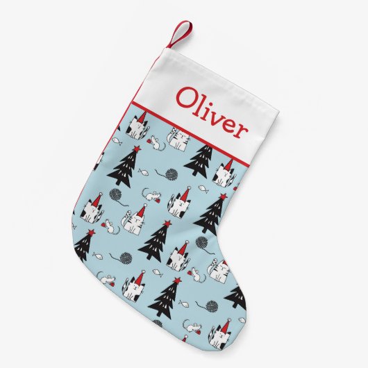 猫おもしろいの青と白 スモールクリスマスストッキング (正面 (吊り時))