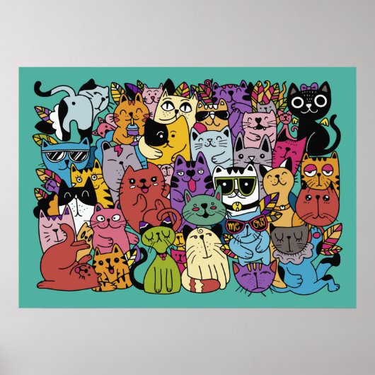 猫おもしろいイラストレーションカスタム色 ポスター (正面)