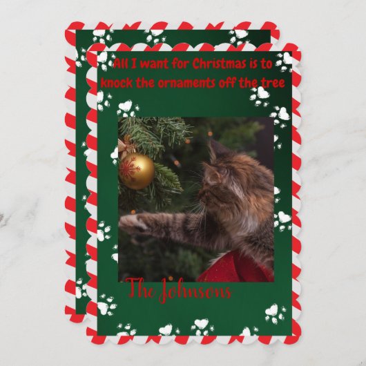 猫おもしろいクリスマスカード – 木のオーナメント シーズンカード (正面/裏面)