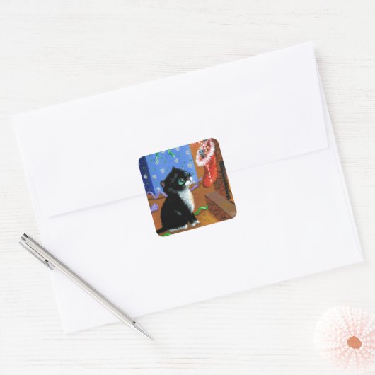 猫おもしろいクリスマスタキシード子猫マウス スクエアシール (封筒)