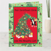 猫おもしろいクリスマスツリートラブルホリデー カード (正面)