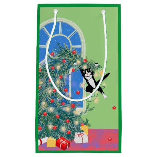 猫おもしろいクリスマスツリー スモールペーパーバッグ (正面)
