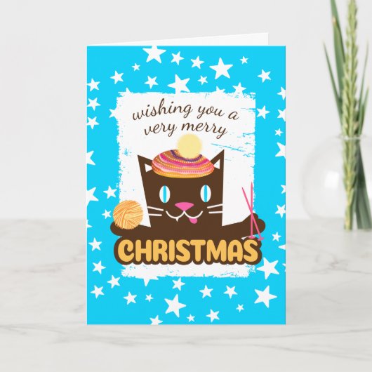 猫おもしろいクリスマスハット編み物編み針 シーズンカード (正面)