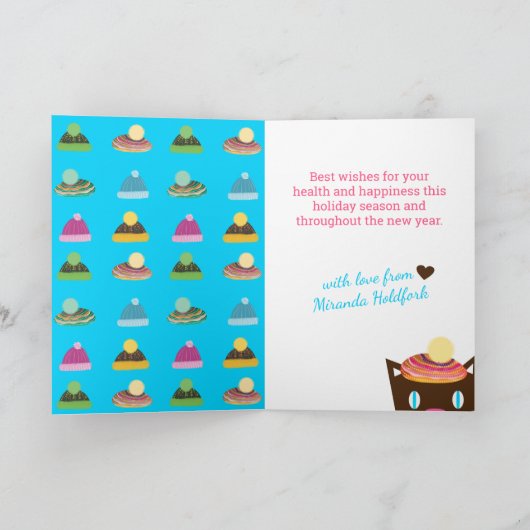 猫おもしろいクリスマスハット編み物編み針 シーズンカード (内部)