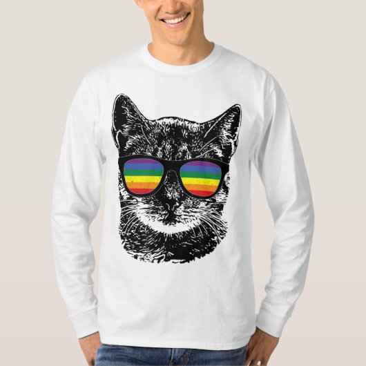 猫おもしろいゲイプライドLGBTレインボーサングラス Tシャツ (正面)