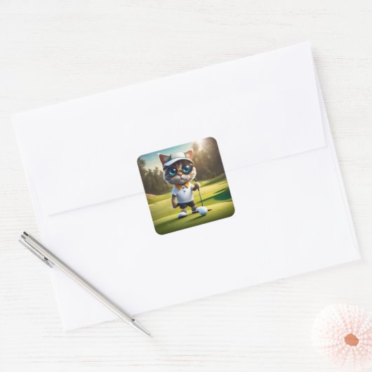 猫おもしろいゴルフプレーヤー スクエアシール (封筒)