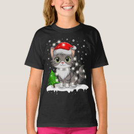 猫おもしろいサンタ帽子メリークリスマスツリー灯 Tシャツ