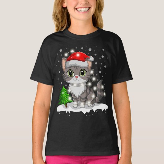 猫おもしろいサンタ帽子メリークリスマスツリー灯 Tシャツ (正面)