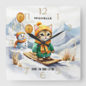 猫おもしろいスノーボード冬の子ども スクエア壁時計 (正面)