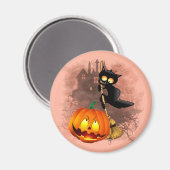 猫おもしろいハロウィンキャラクターはカボチャにおびえる マグネット (正面/裏面)