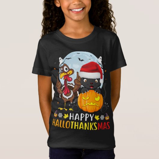 猫おもしろいハロウィーンとメリークリスマスハッピーホール Tシャツ (正面)