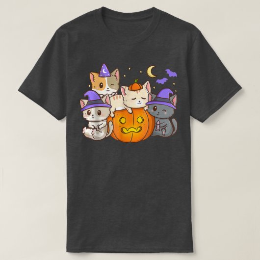 猫おもしろいハロウィーンアニメ猫かわいい猫かぼちゃ Tシャツ (デザイン正面)