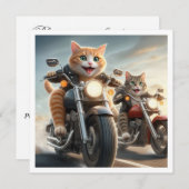 猫おもしろいバイクもしくは自転車に乗る人、猫のバイク誕生日 招待状 (正面/裏面)