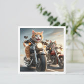 猫おもしろいバイクもしくは自転車に乗る人、猫のバイク誕生日 招待状 (スタンド正面)