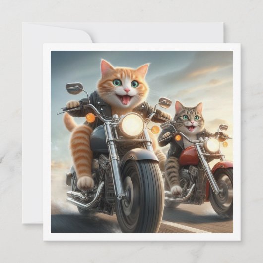 猫おもしろいバイクもしくは自転車に乗る人、猫のバイク誕生日 招待状 (正面)