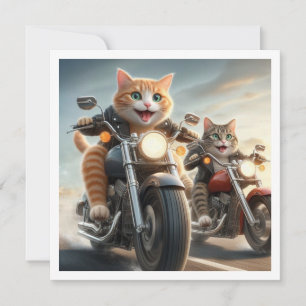 猫おもしろいバイクもしくは自転車に乗る人、猫のバイク誕生日 招待状